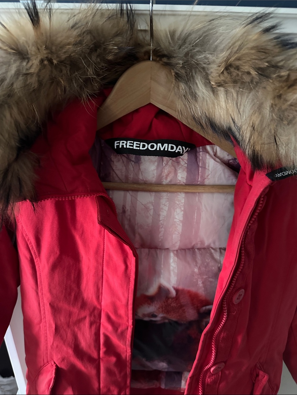 Freedomday Women's Red Puffer Parka with Faux Fur Hood